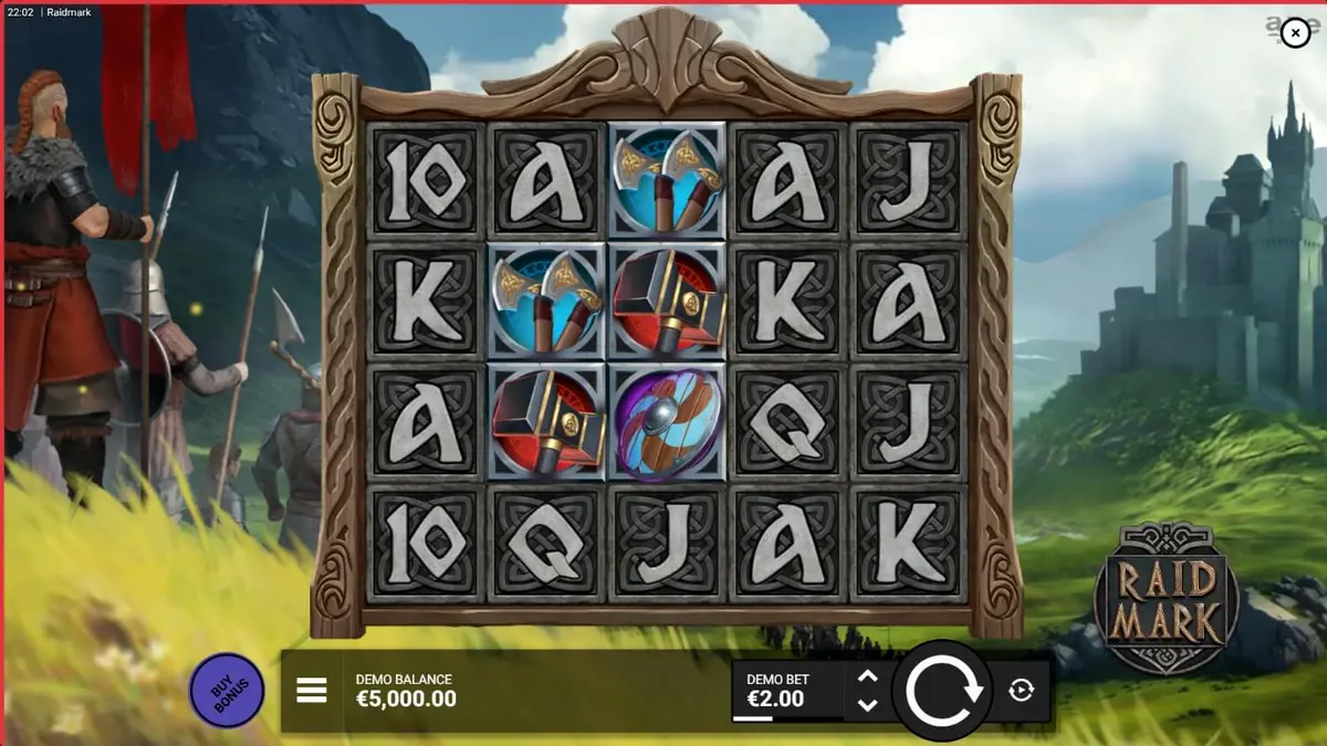 Tampilan visual slot Raidmark dengan tema Viking dan simbol senjata kuno