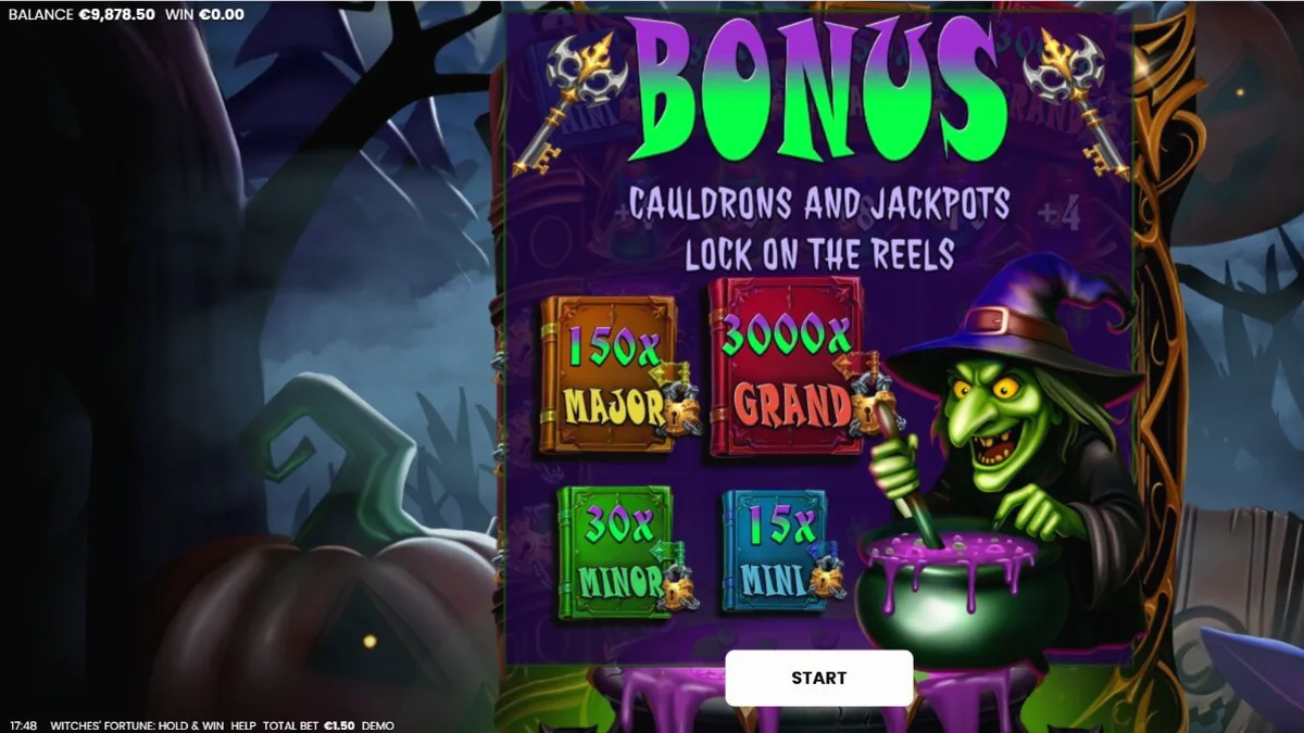 Witches’ Fortune: Hold and Win slot game interface with magical potion theme