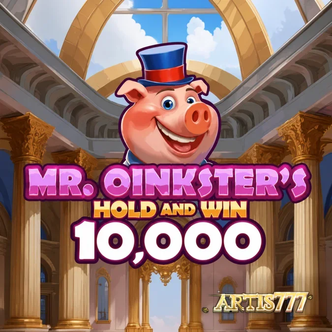 Tampilan visual slot Mr. Oinkster’s Hold & Win 10,000 dengan tema celengan babi yang ceria.